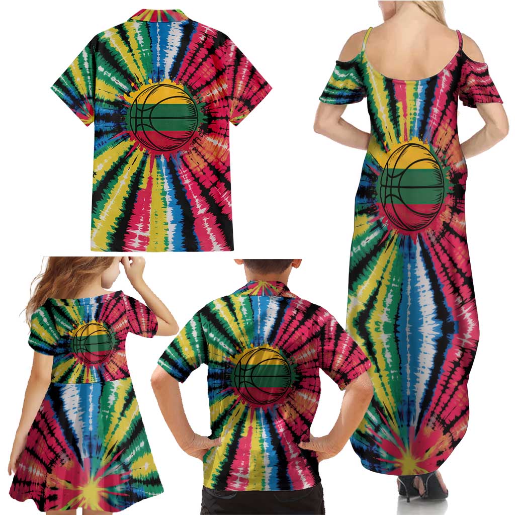 Lithuania Tie Dye Basketball Family Matching Summer Maxi Dress and Hawaiian Shirt with Skeleton Dunk Graphic and Retro Colors - Wonder Print Shop