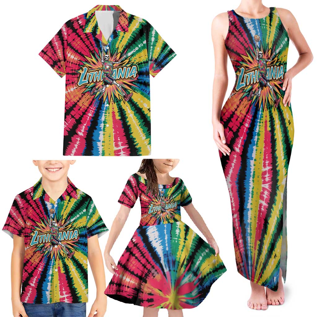 Lithuania Tie Dye Basketball Family Matching Tank Maxi Dress and Hawaiian Shirt with Skeleton Dunk Graphic and Retro Colors - Wonder Print Shop