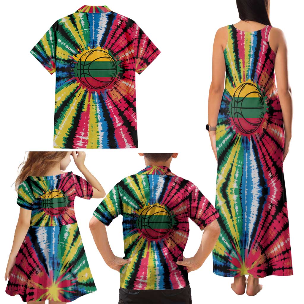 Lithuania Tie Dye Basketball Family Matching Tank Maxi Dress and Hawaiian Shirt with Skeleton Dunk Graphic and Retro Colors - Wonder Print Shop