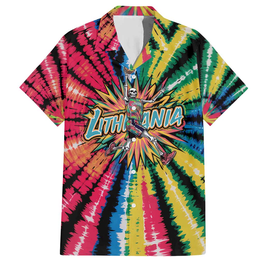 Lithuania Tie Dye Basketball Hawaiian Shirt with Skeleton Dunk Graphic and Retro Colors - Wonder Print Shop