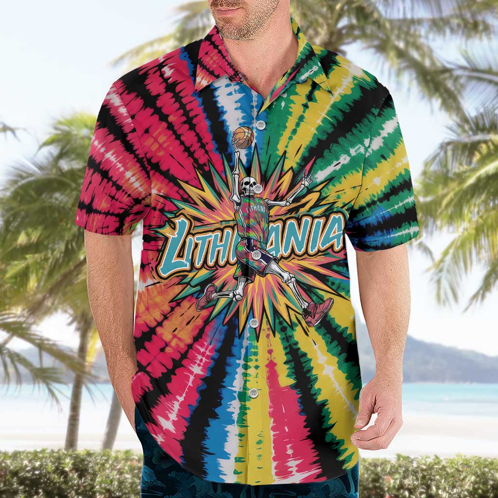 Lithuania Tie Dye Basketball Hawaiian Shirt with Skeleton Dunk Graphic and Retro Colors - Wonder Print Shop