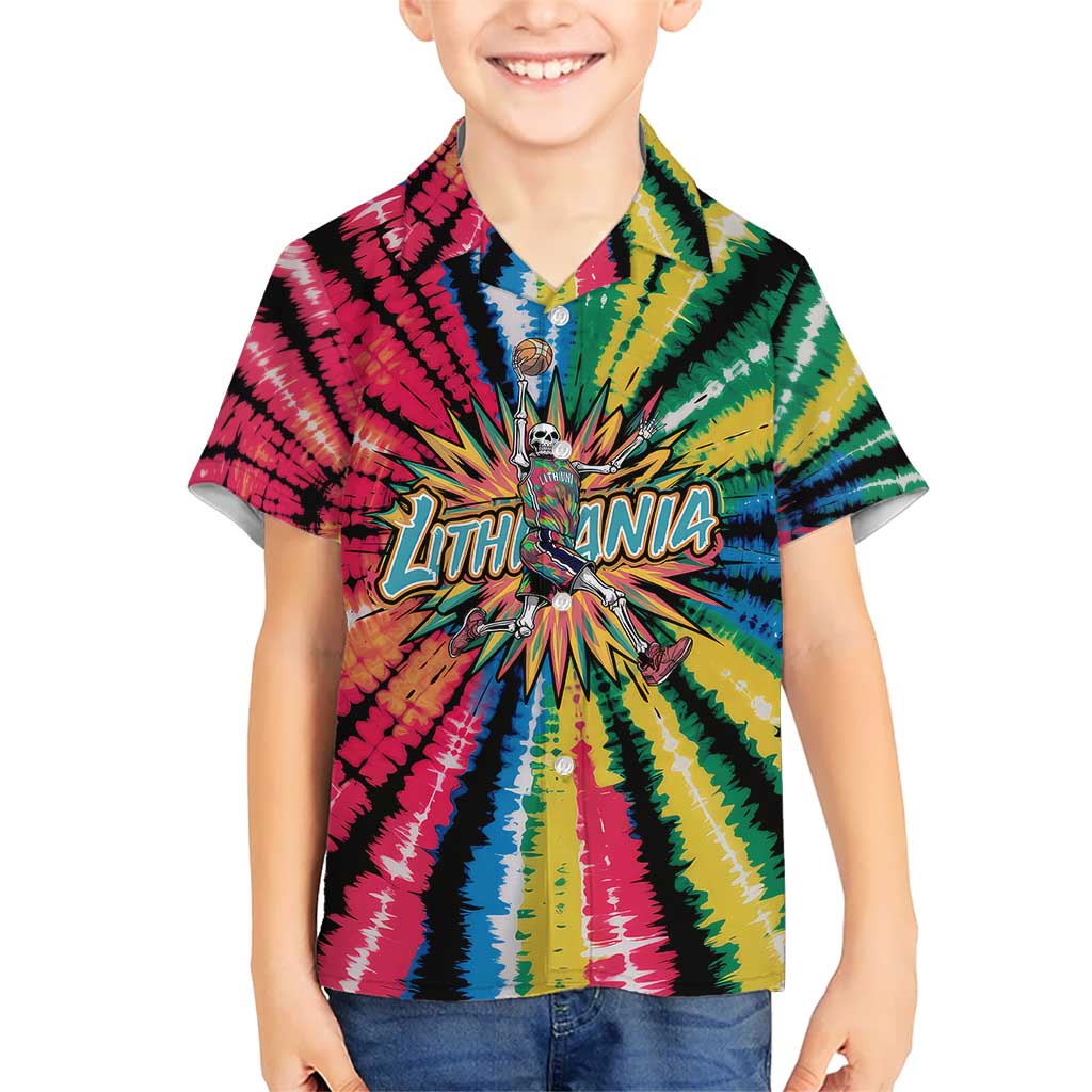 Lithuania Tie Dye Basketball Hawaiian Shirt with Skeleton Dunk Graphic and Retro Colors - Wonder Print Shop