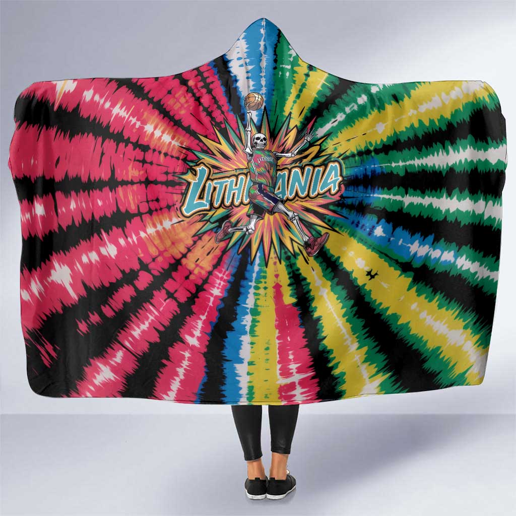 Lithuania Tie Dye Basketball Hooded Blanket with Skeleton Dunk Graphic and Retro Colors - Wonder Print Shop