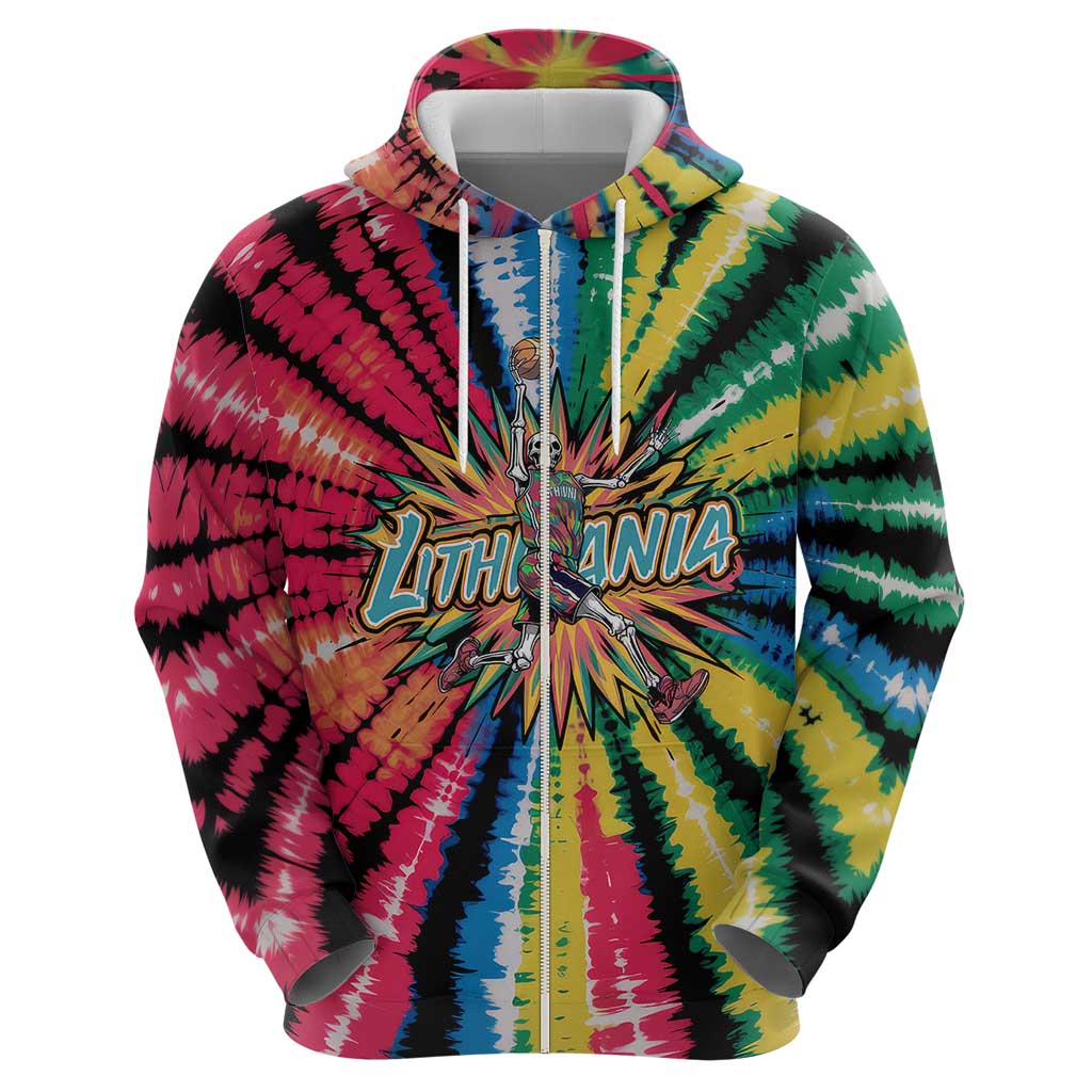Lithuania Tie Dye Basketball Hoodie with Skeleton Dunk Graphic and Retro Colors - Wonder Print Shop