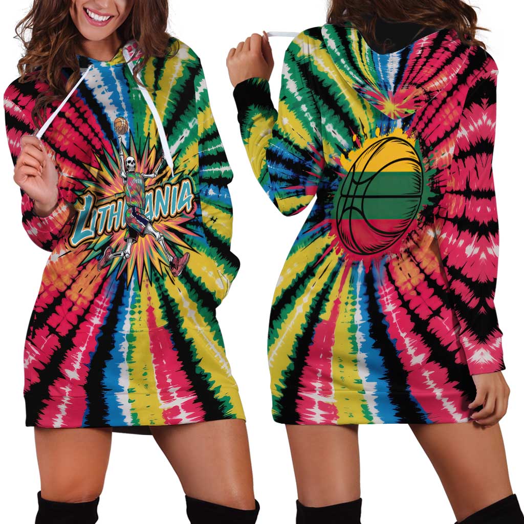 Lithuania Tie Dye Basketball Hoodie Dress with Skeleton Dunk Graphic and Retro Colors - Wonder Print Shop