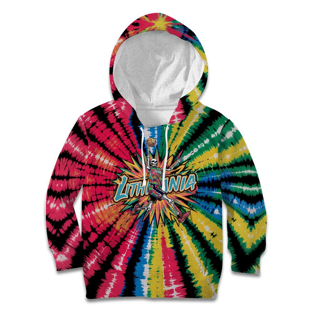 Lithuania Tie Dye Basketball Kid Hoodie with Skeleton Dunk Graphic and Retro Colors - Wonder Print Shop
