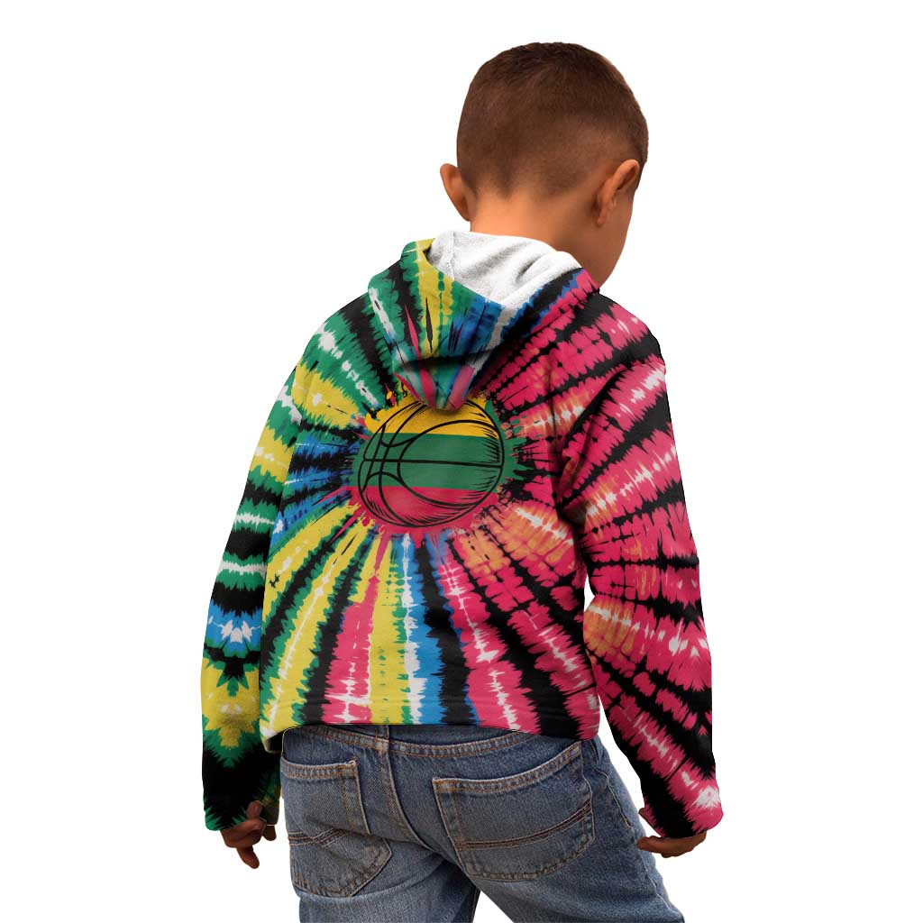 Lithuania Tie Dye Basketball Kid Hoodie with Skeleton Dunk Graphic and Retro Colors - Wonder Print Shop