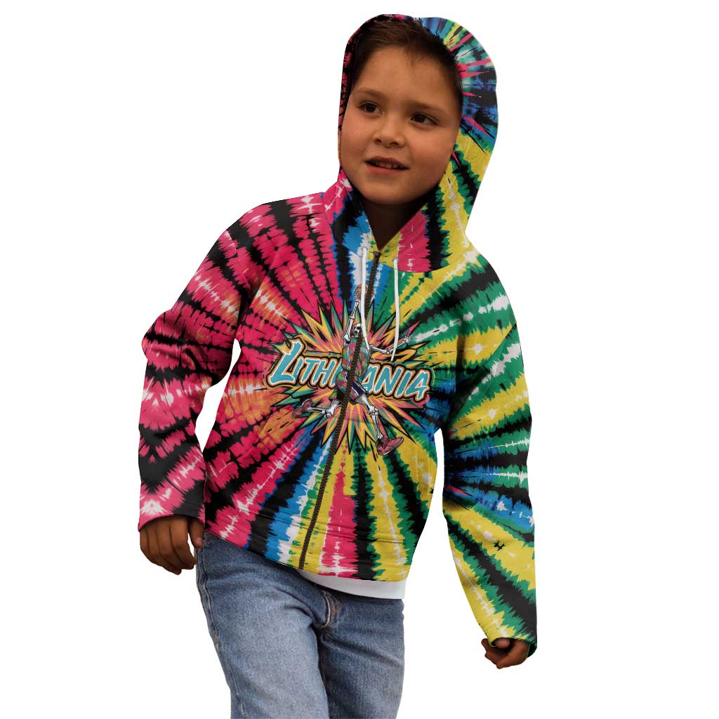 Lithuania Tie Dye Basketball Kid Hoodie with Skeleton Dunk Graphic and Retro Colors - Wonder Print Shop