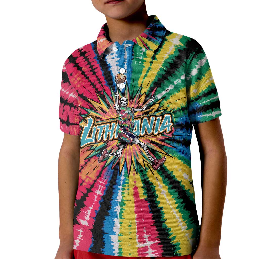 Lithuania Tie Dye Basketball Kid Polo Shirt with Skeleton Dunk Graphic and Retro Colors - Wonder Print Shop