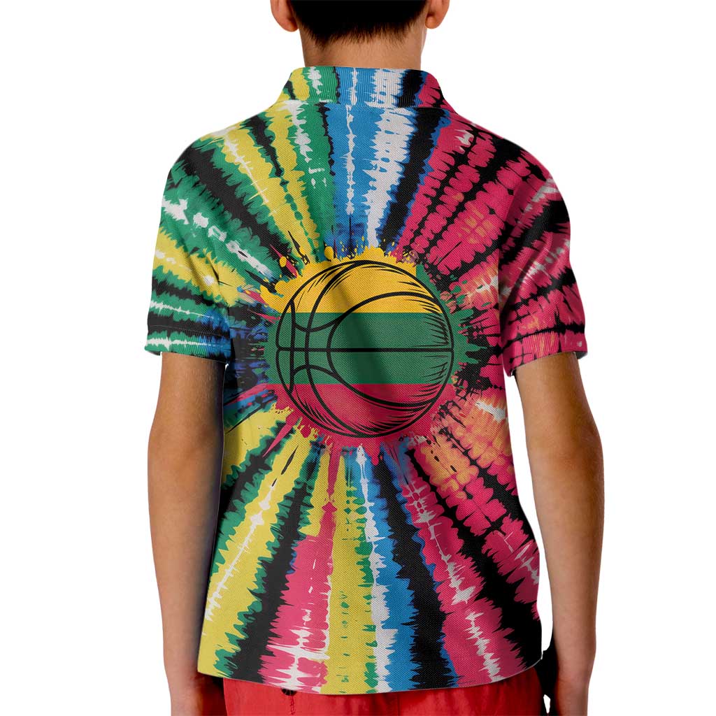 Lithuania Tie Dye Basketball Kid Polo Shirt with Skeleton Dunk Graphic and Retro Colors - Wonder Print Shop