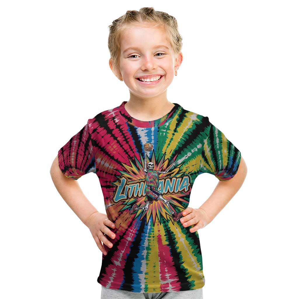 Lithuania Tie Dye Basketball Kid T Shirt with Skeleton Dunk Graphic and Retro Colors - Wonder Print Shop