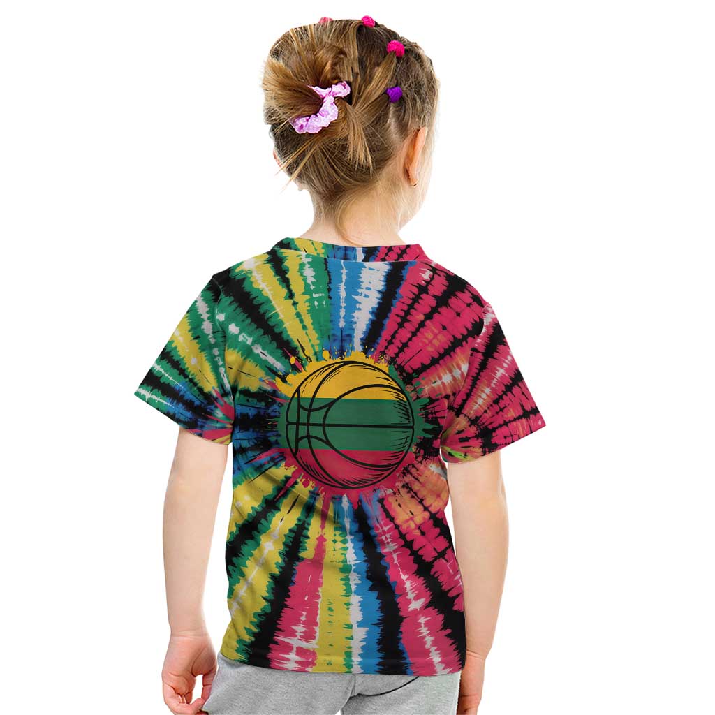 Lithuania Tie Dye Basketball Kid T Shirt with Skeleton Dunk Graphic and Retro Colors - Wonder Print Shop