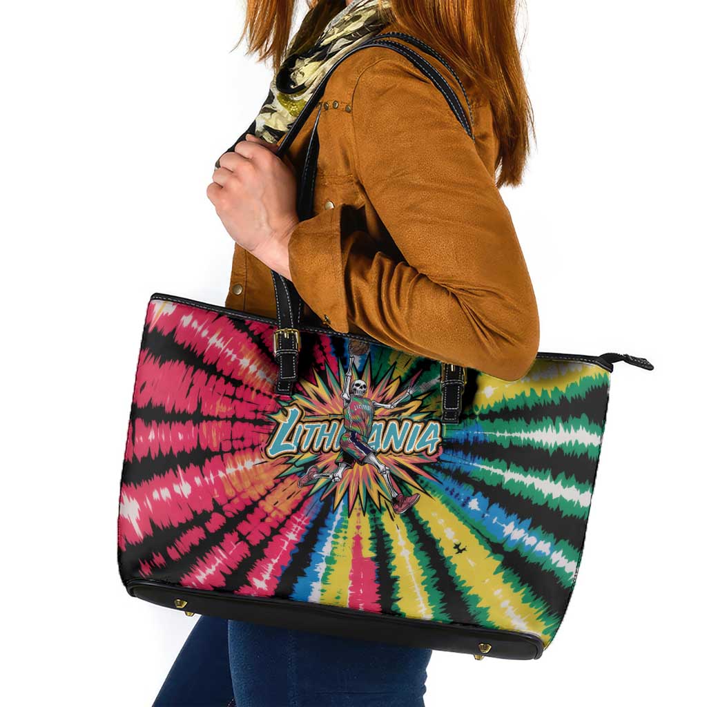 Lithuania Tie Dye Basketball Leather Tote Bag with Skeleton Dunk Graphic and Retro Colors - Wonder Print Shop