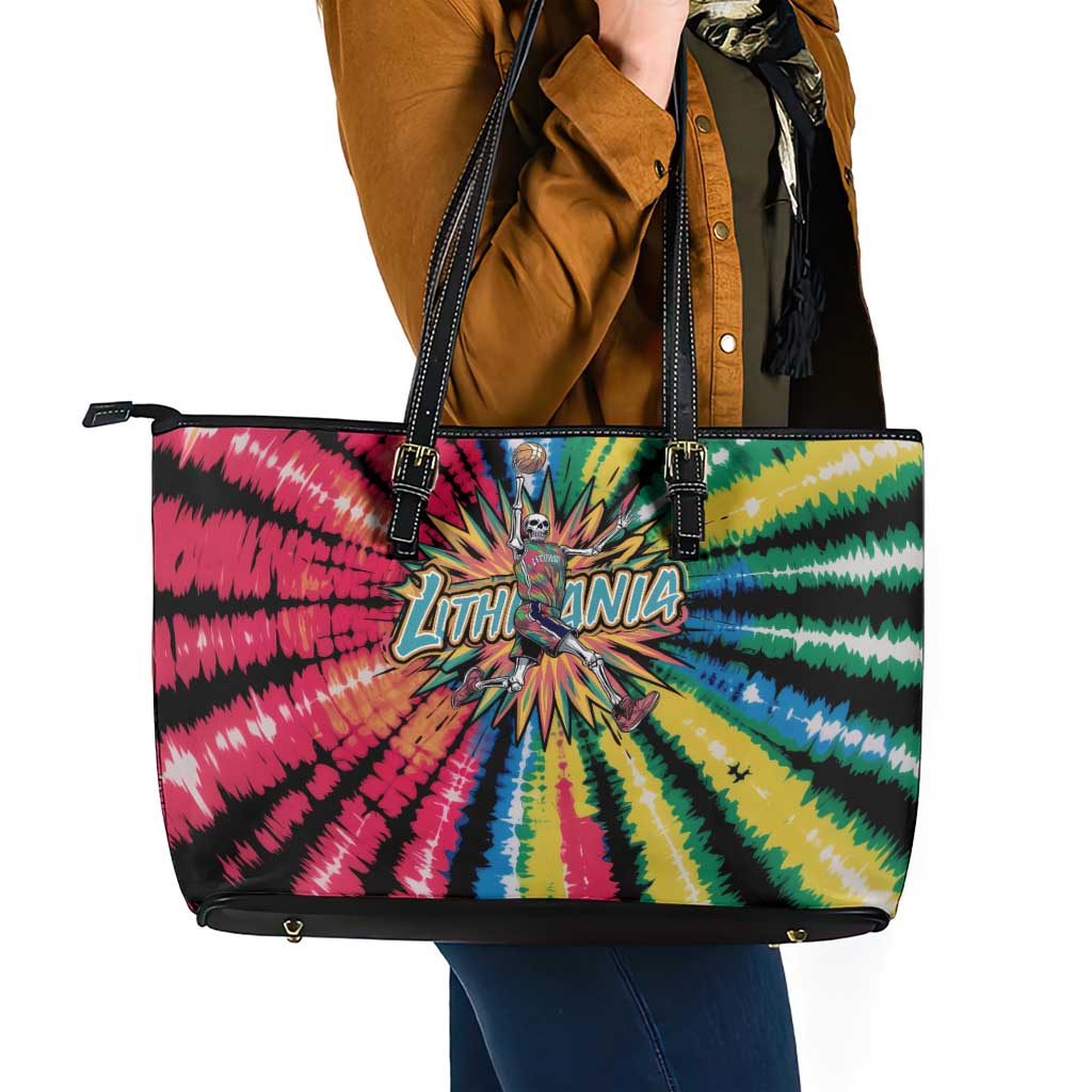 Lithuania Tie Dye Basketball Leather Tote Bag with Skeleton Dunk Graphic and Retro Colors - Wonder Print Shop