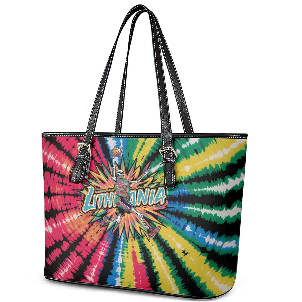 Lithuania Tie Dye Basketball Leather Tote Bag with Skeleton Dunk Graphic and Retro Colors - Wonder Print Shop