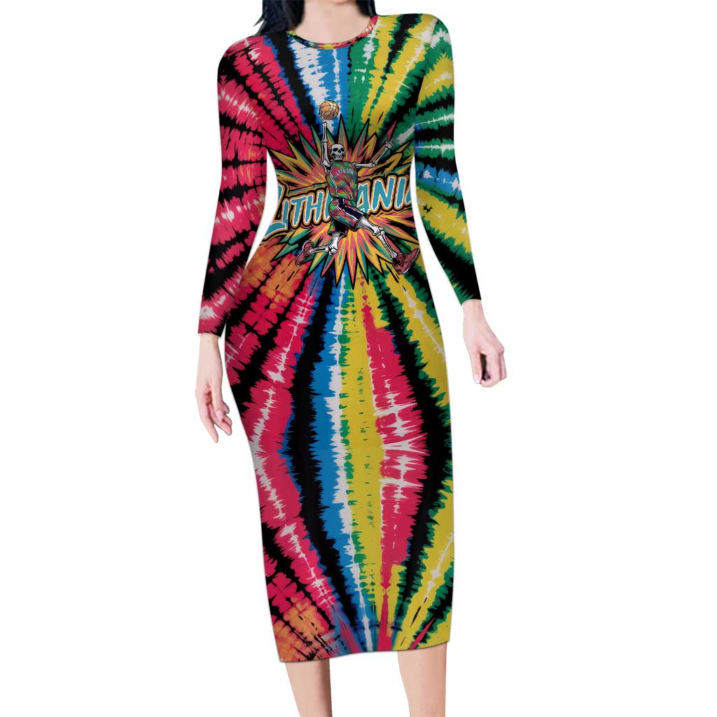 Lithuania Tie Dye Basketball Long Sleeve Bodycon Dress with Skeleton Dunk Graphic and Retro Colors - Wonder Print Shop