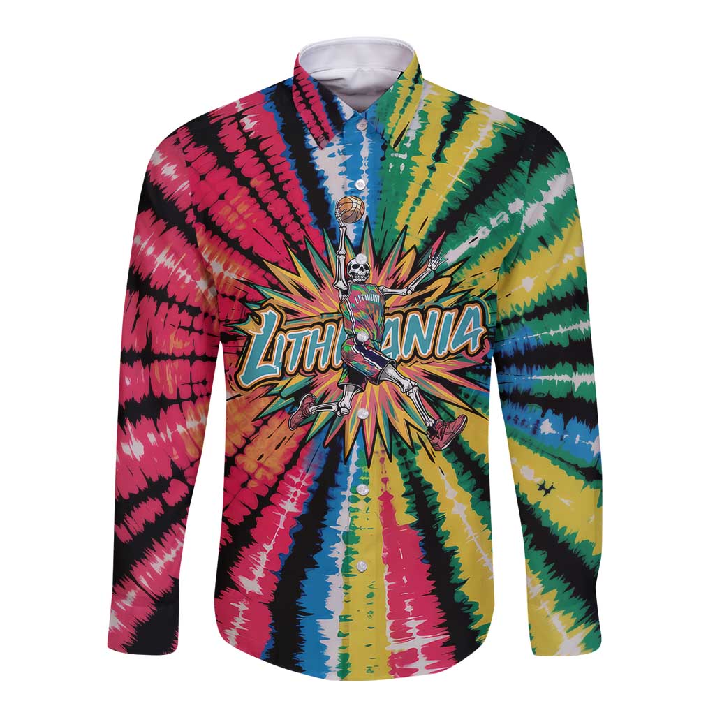 Lithuania Tie Dye Basketball Long Sleeve Button Shirt with Skeleton Dunk Graphic and Retro Colors - Wonder Print Shop
