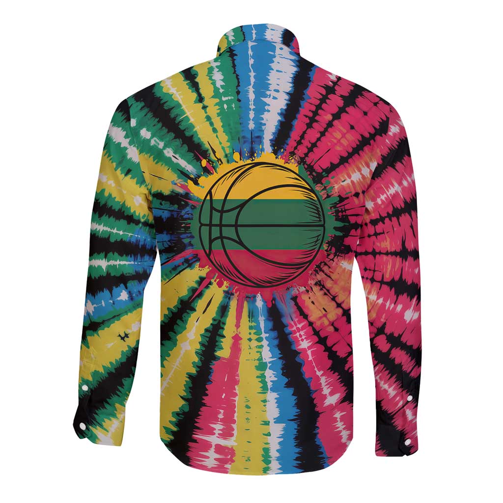 Lithuania Tie Dye Basketball Long Sleeve Button Shirt with Skeleton Dunk Graphic and Retro Colors - Wonder Print Shop