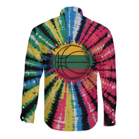 Lithuania Tie Dye Basketball Long Sleeve Button Shirt with Skeleton Dunk Graphic and Retro Colors - Wonder Print Shop