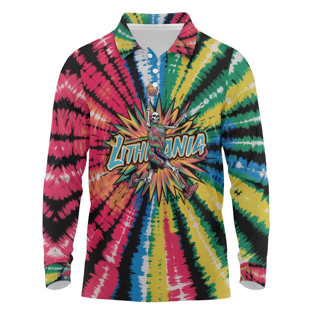 Lithuania Tie Dye Basketball Long Sleeve Polo Shirt with Skeleton Dunk Graphic and Retro Colors - Wonder Print Shop