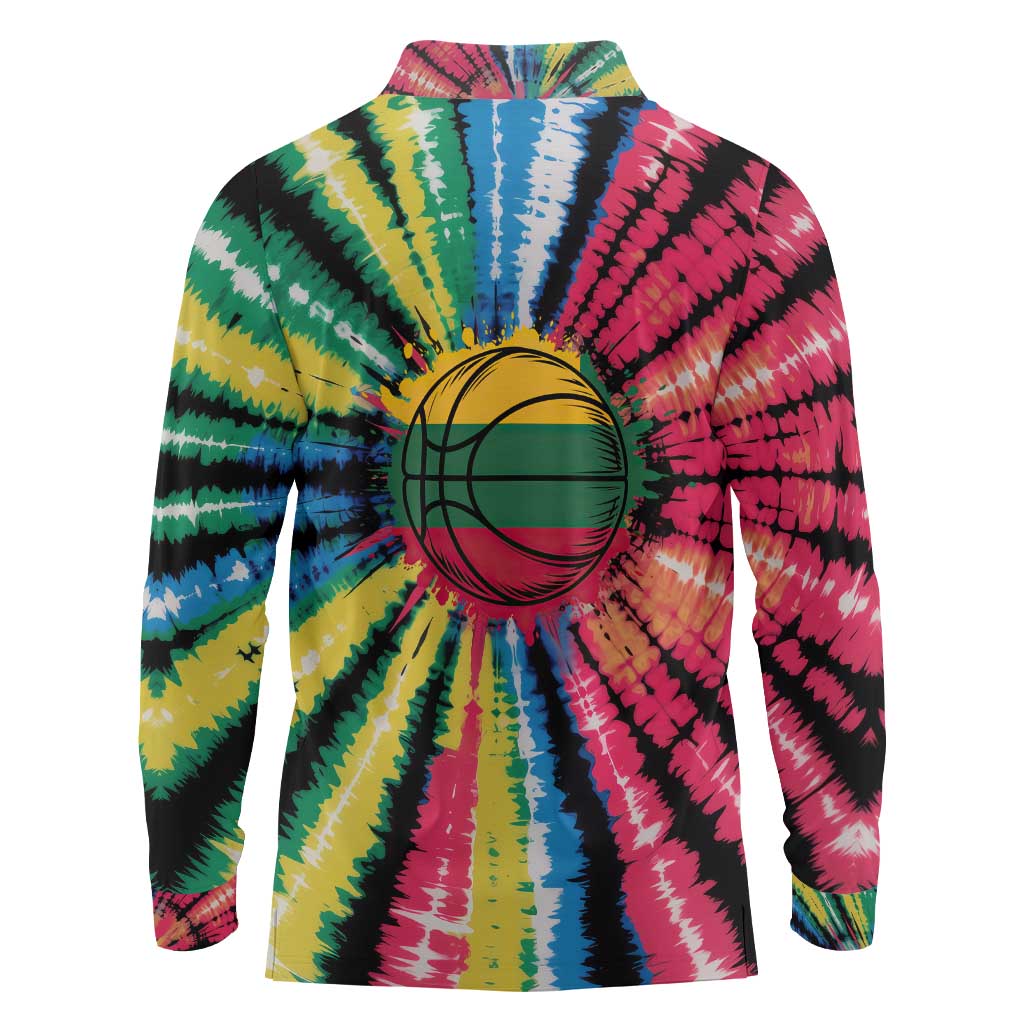 Lithuania Tie Dye Basketball Long Sleeve Polo Shirt with Skeleton Dunk Graphic and Retro Colors - Wonder Print Shop