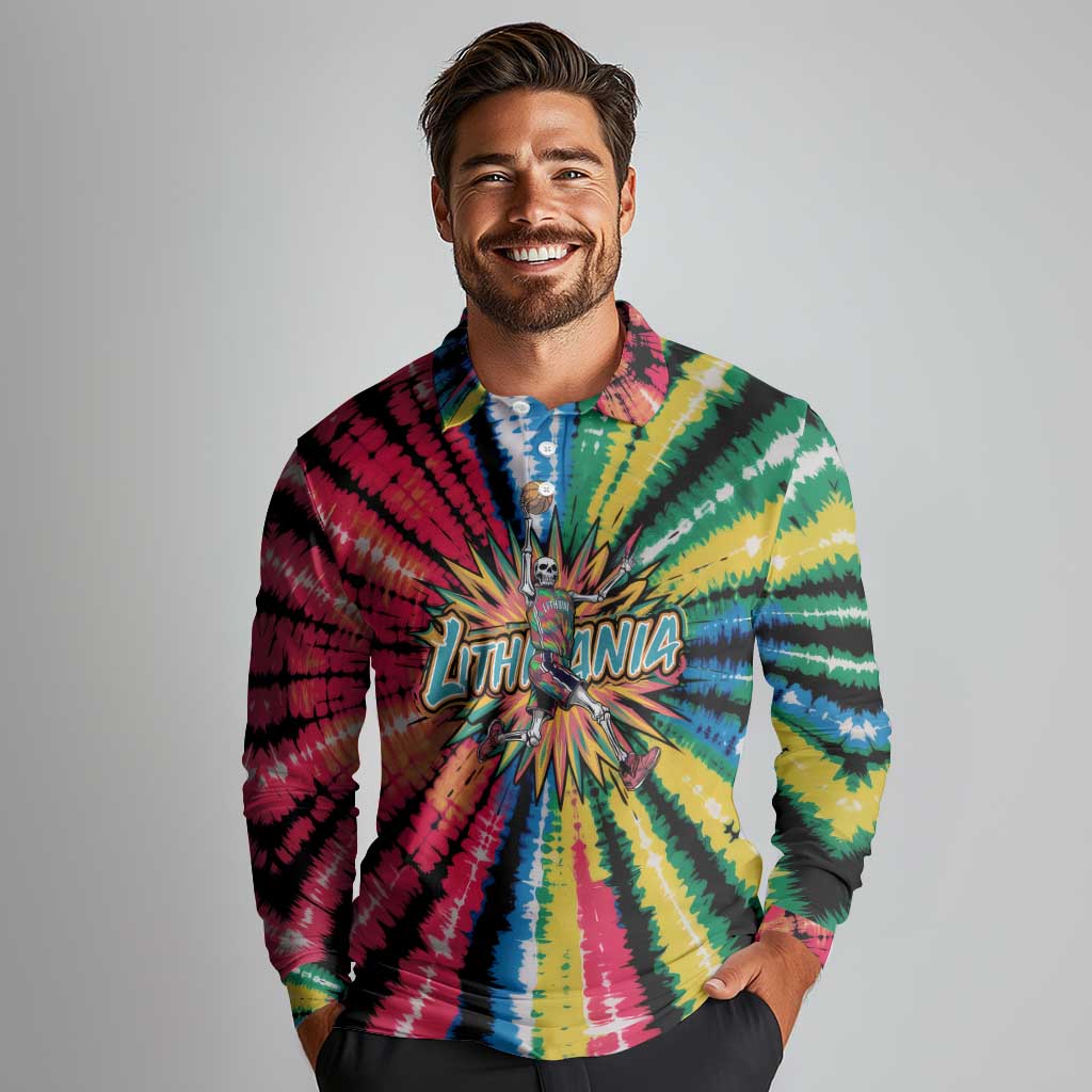 Lithuania Tie Dye Basketball Long Sleeve Polo Shirt with Skeleton Dunk Graphic and Retro Colors - Wonder Print Shop