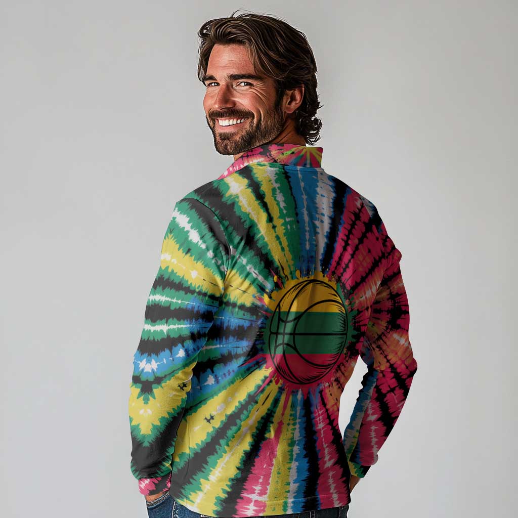 Lithuania Tie Dye Basketball Long Sleeve Polo Shirt with Skeleton Dunk Graphic and Retro Colors - Wonder Print Shop