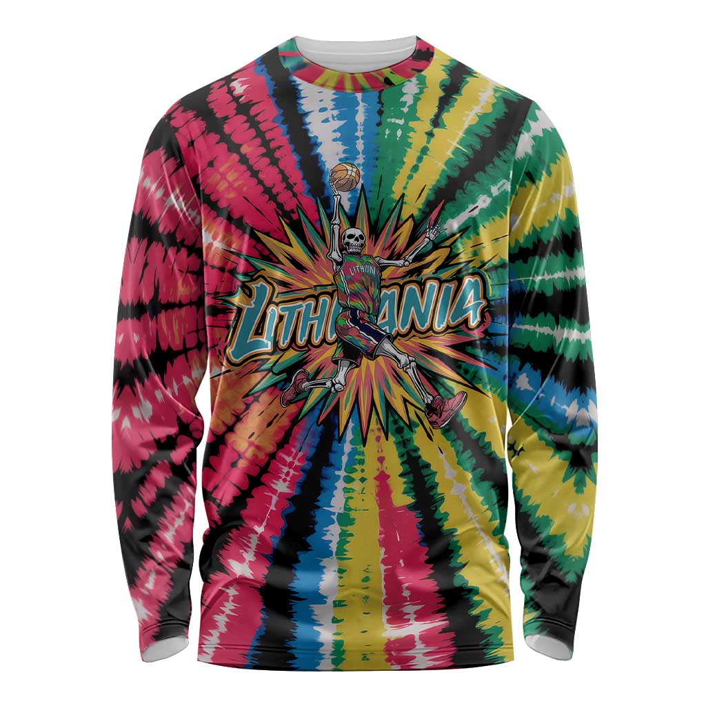 Lithuania Tie Dye Basketball Long Sleeve Shirt with Skeleton Dunk Graphic and Retro Colors - Wonder Print Shop