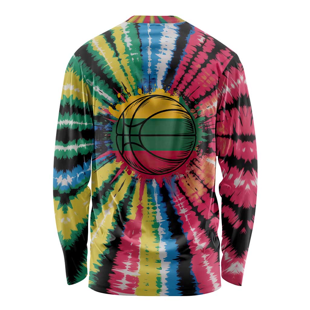 Lithuania Tie Dye Basketball Long Sleeve Shirt with Skeleton Dunk Graphic and Retro Colors - Wonder Print Shop