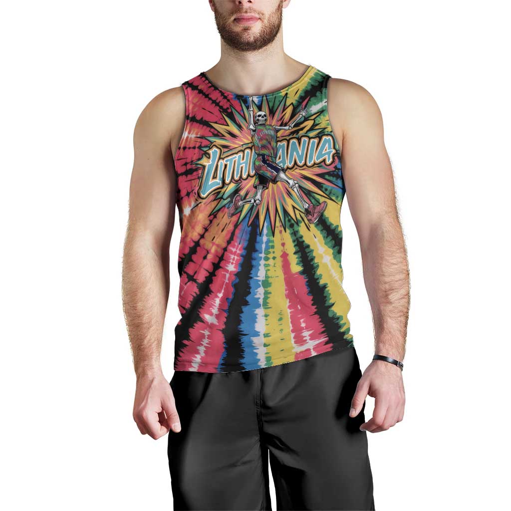 Lithuania Tie Dye Basketball Men Tank Top with Skeleton Dunk Graphic and Retro Colors - Wonder Print Shop