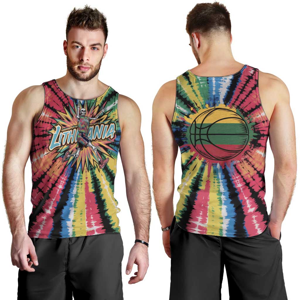 Lithuania Tie Dye Basketball Men Tank Top with Skeleton Dunk Graphic and Retro Colors - Wonder Print Shop