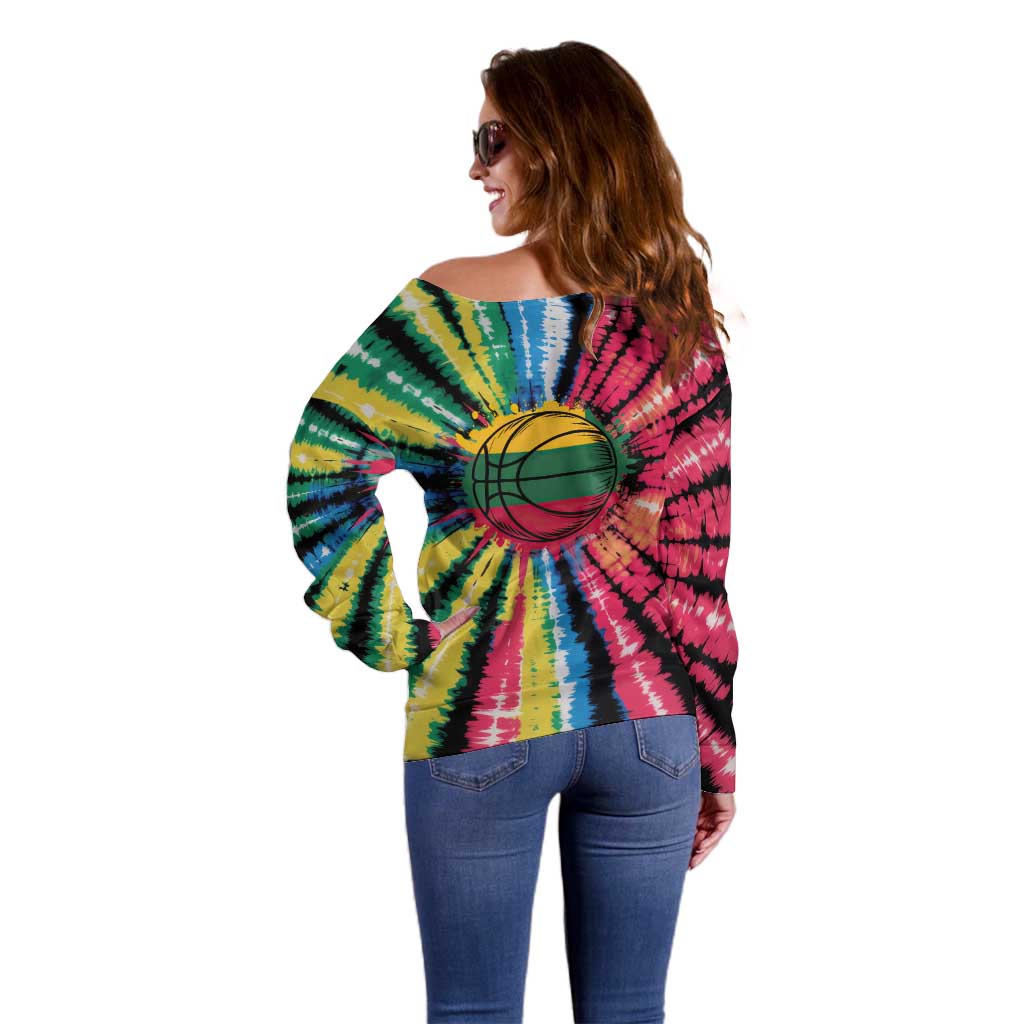 Lithuania Tie Dye Basketball Off Shoulder Sweater with Skeleton Dunk Graphic and Retro Colors - Wonder Print Shop