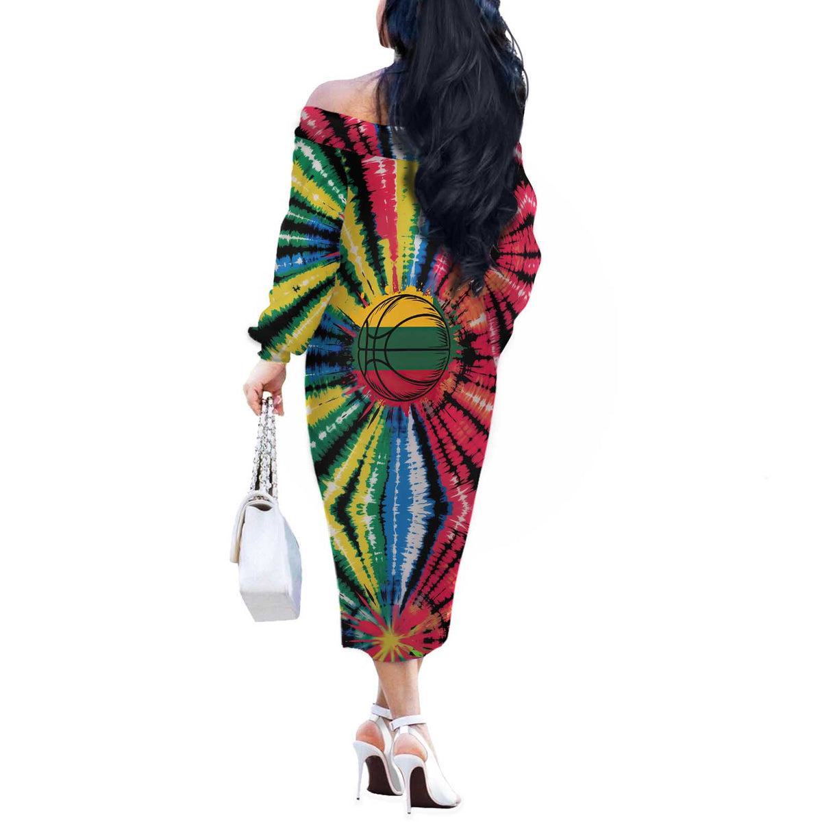 Lithuania Tie Dye Basketball Off The Shoulder Long Sleeve Dress with Skeleton Dunk Graphic and Retro Colors - Wonder Print Shop
