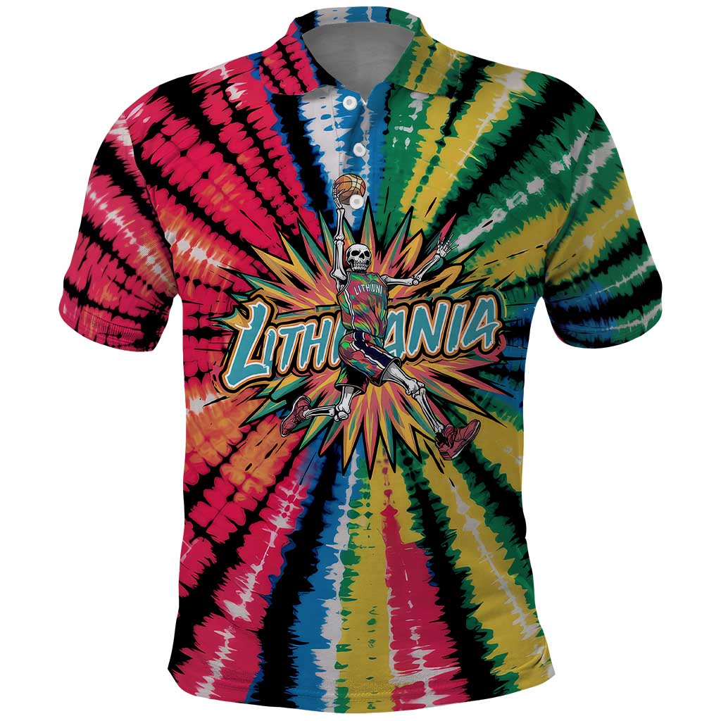 Lithuania Tie Dye Basketball Polo Shirt with Skeleton Dunk Graphic and Retro Colors - Wonder Print Shop