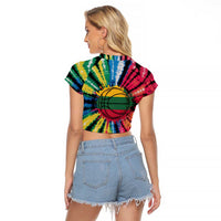 Lithuania Tie Dye Basketball Raglan Cropped T Shirt with Skeleton Dunk Graphic and Retro Colors - Wonder Print Shop