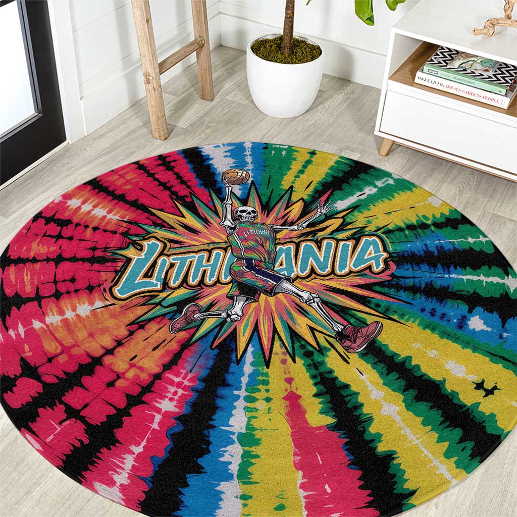 Lithuania Tie Dye Basketball Round Carpet with Skeleton Dunk Graphic and Retro Colors - Wonder Print Shop