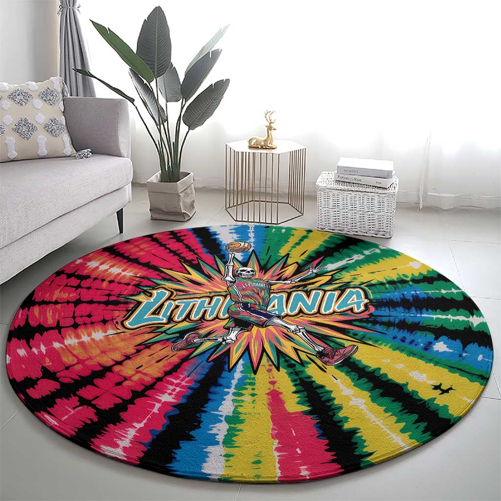Lithuania Tie Dye Basketball Round Carpet with Skeleton Dunk Graphic and Retro Colors - Wonder Print Shop