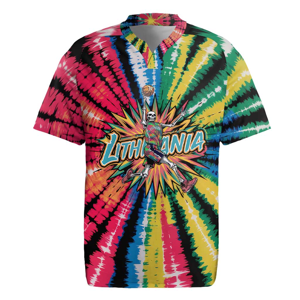 Lithuania Tie Dye Basketball Rugby Jersey with Skeleton Dunk Graphic and Retro Colors - Wonder Print Shop