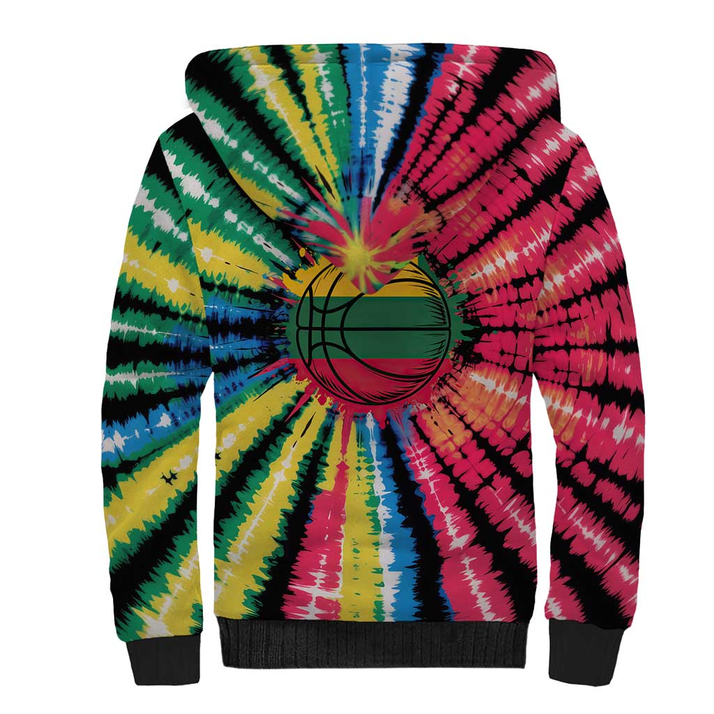 Lithuania Tie Dye Basketball Sherpa Hoodie with Skeleton Dunk Graphic and Retro Colors - Wonder Print Shop