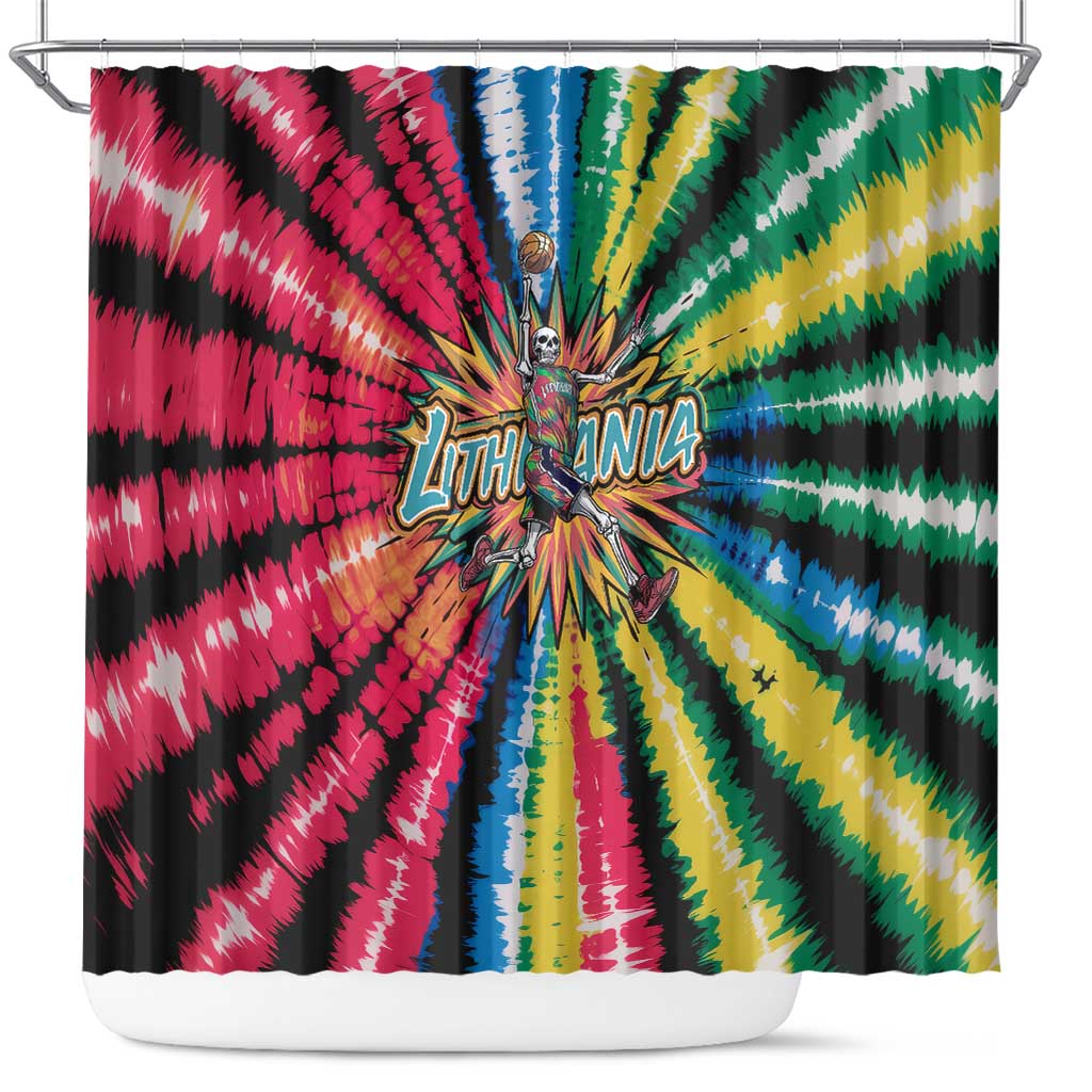 Lithuania Tie Dye Basketball Shower Curtain with Skeleton Dunk Graphic and Retro Colors - Wonder Print Shop