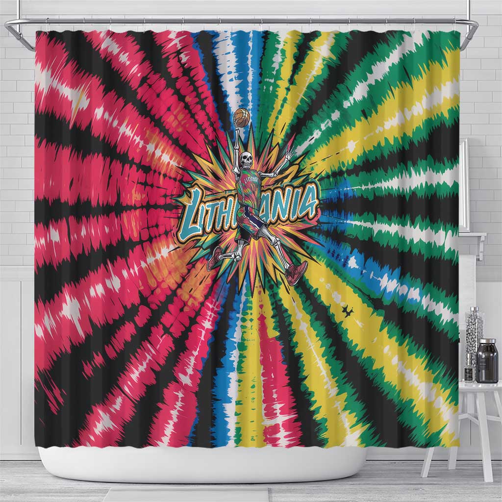 Lithuania Tie Dye Basketball Shower Curtain with Skeleton Dunk Graphic and Retro Colors - Wonder Print Shop