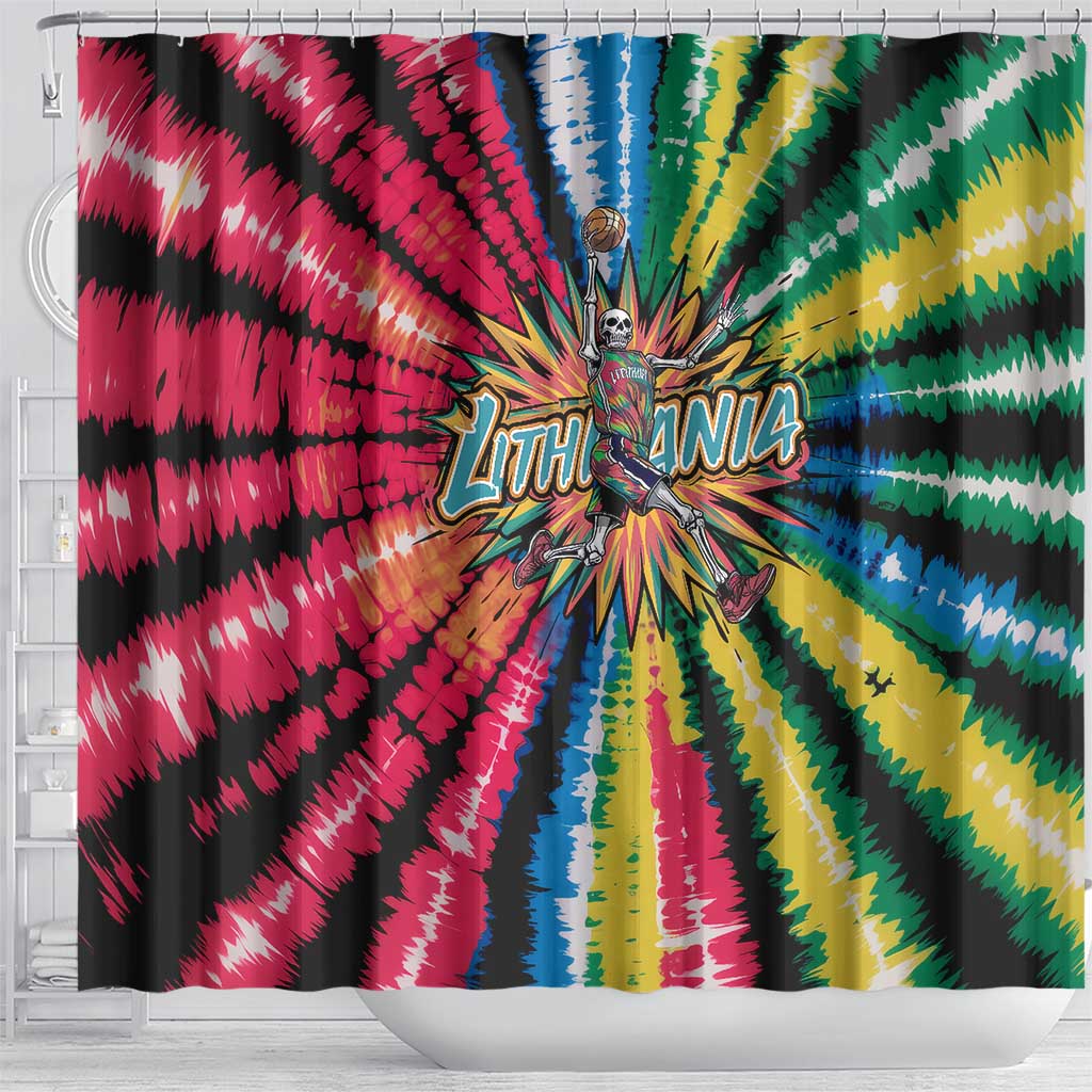 Lithuania Tie Dye Basketball Shower Curtain with Skeleton Dunk Graphic and Retro Colors - Wonder Print Shop