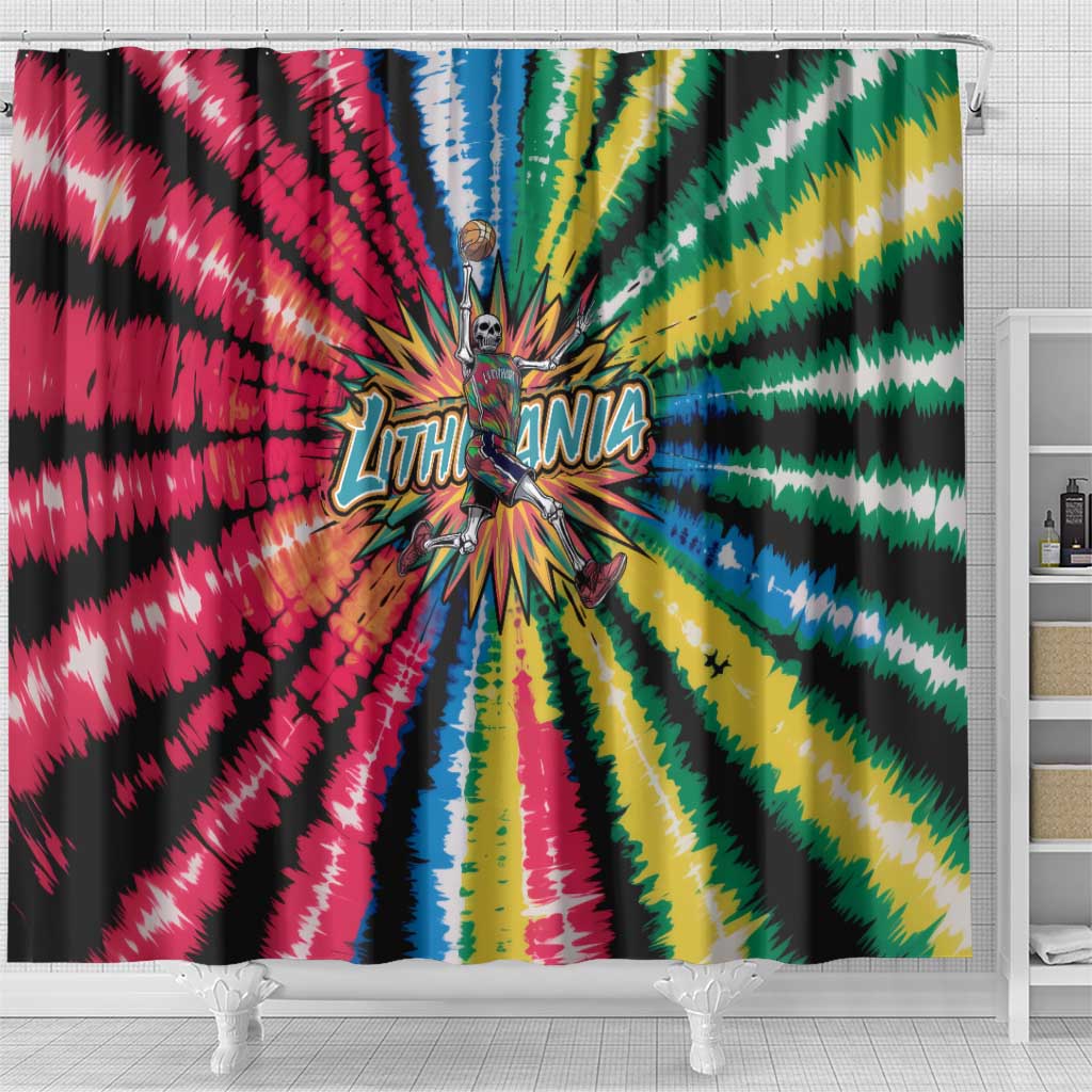 Lithuania Tie Dye Basketball Shower Curtain with Skeleton Dunk Graphic and Retro Colors - Wonder Print Shop