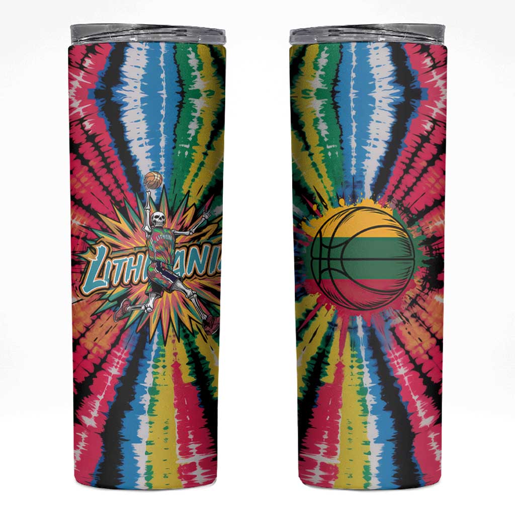 Lithuania Tie Dye Basketball Skinny Tumbler with Skeleton Dunk Graphic and Retro Colors - Wonder Print Shop