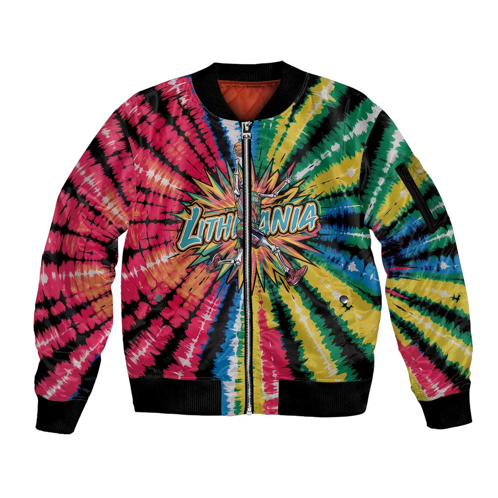 Lithuania Tie Dye Basketball Sleeve Zip Bomber Jacket with Skeleton Dunk Graphic and Retro Colors - Wonder Print Shop