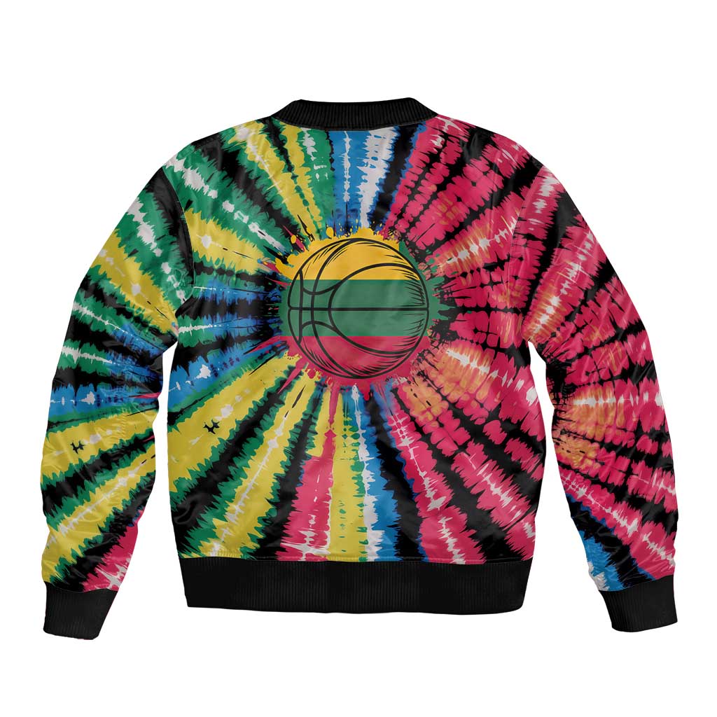 Lithuania Tie Dye Basketball Sleeve Zip Bomber Jacket with Skeleton Dunk Graphic and Retro Colors - Wonder Print Shop