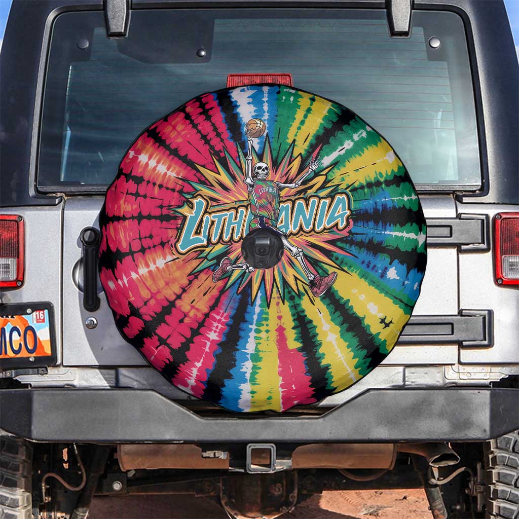 Lithuania Tie Dye Basketball Spare Tire Cover with Skeleton Dunk Graphic and Retro Colors - Wonder Print Shop