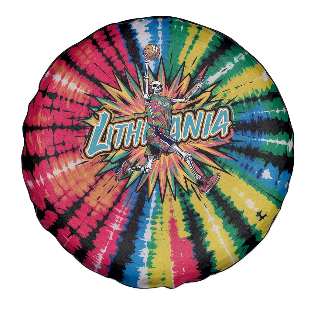 Lithuania Tie Dye Basketball Spare Tire Cover with Skeleton Dunk Graphic and Retro Colors - Wonder Print Shop