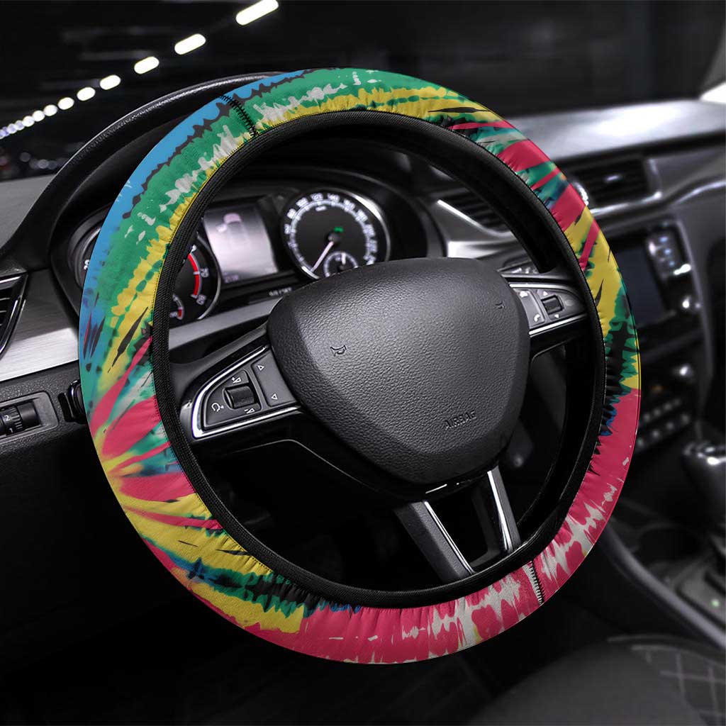 Lithuania Tie Dye Basketball Steering Wheel Cover with Skeleton Dunk Graphic and Retro Colors - Wonder Print Shop
