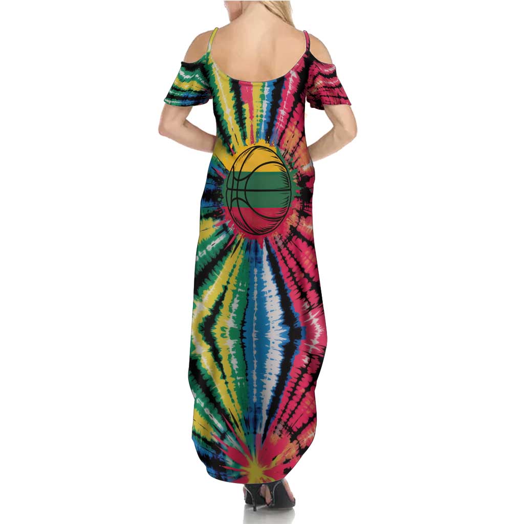 Lithuania Tie Dye Basketball Summer Maxi Dress with Skeleton Dunk Graphic and Retro Colors - Wonder Print Shop